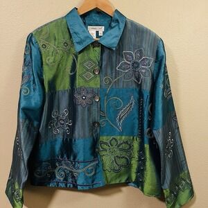 Coldwater Creek Embroidered Patchwork Silk Jacket  Floral Blue Green Boho Size L